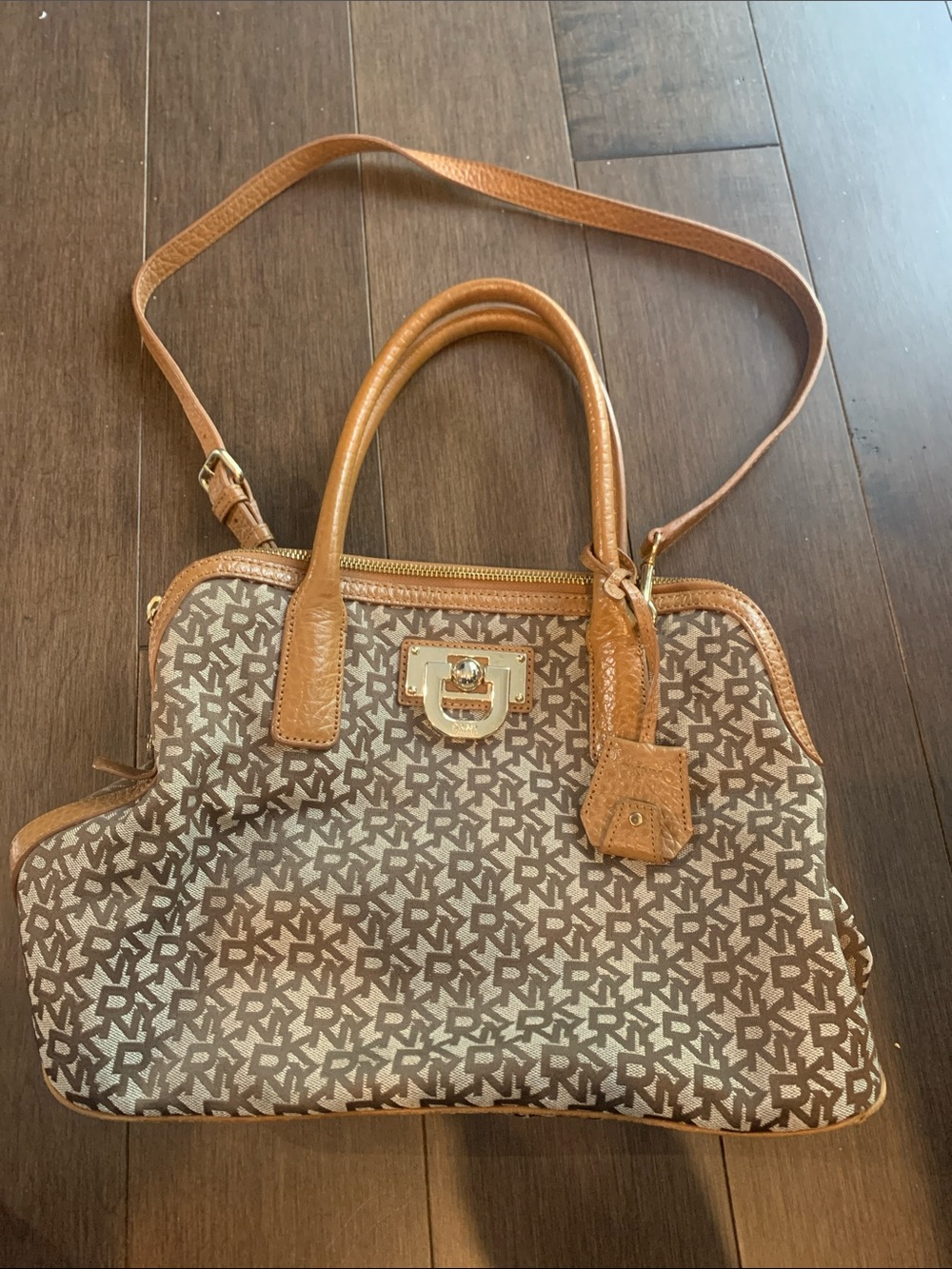 DKNY Brown Monogram Satchel with Tan Leather Trim